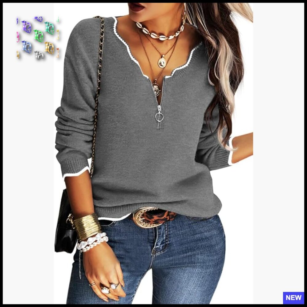 V-Neck Half Zip Pullover Sweater Cricket Stripe Knit Top Casual Chic